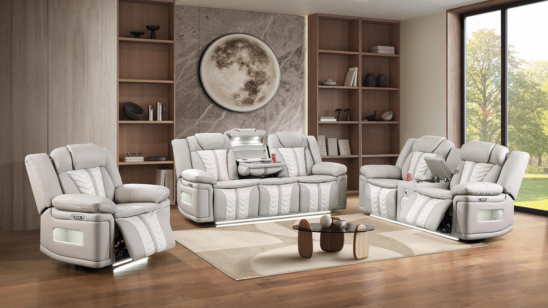 2 pc Cruiser grey / ice faux leather power motion sofa and love seat with massagers , wireless charging, LEDS , cup holders