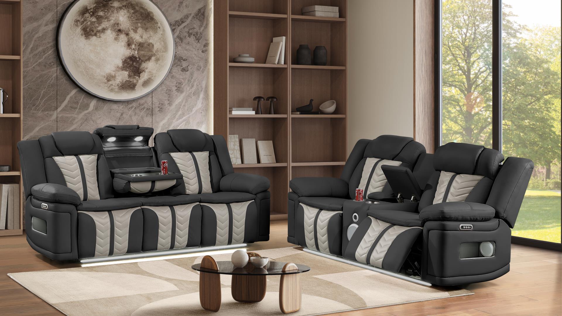 2 pc Cruiser black / grey faux leather power motion sofa and love seat with massagers , wireless charging, LEDS , cup holders