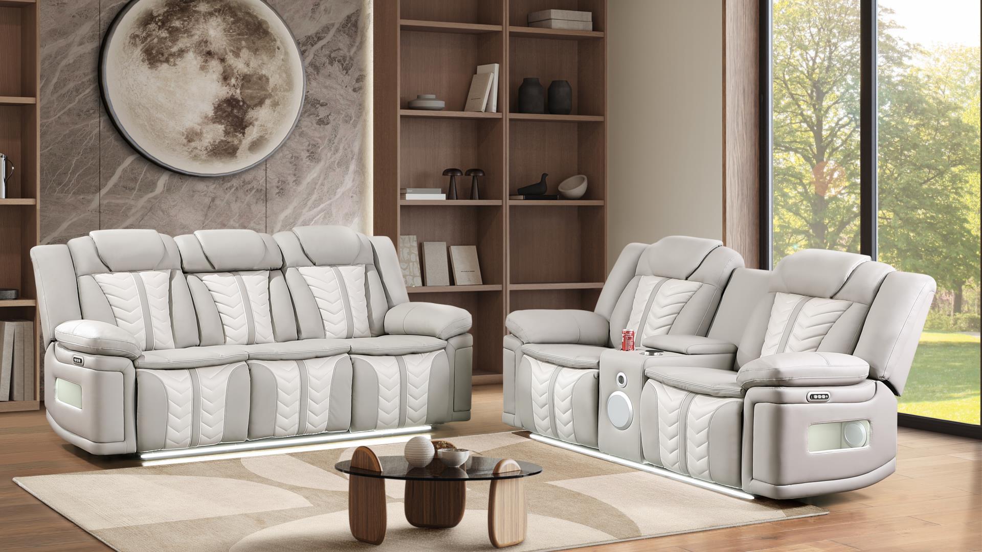 2 pc Cruiser grey / ice faux leather power motion sofa and love seat with massagers , wireless charging, LEDS , cup holders