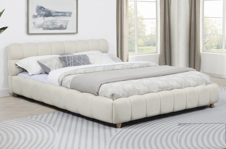 CT02BQ Orba beige burlap fabric upholstered beige wood legs queen low rise platform bed