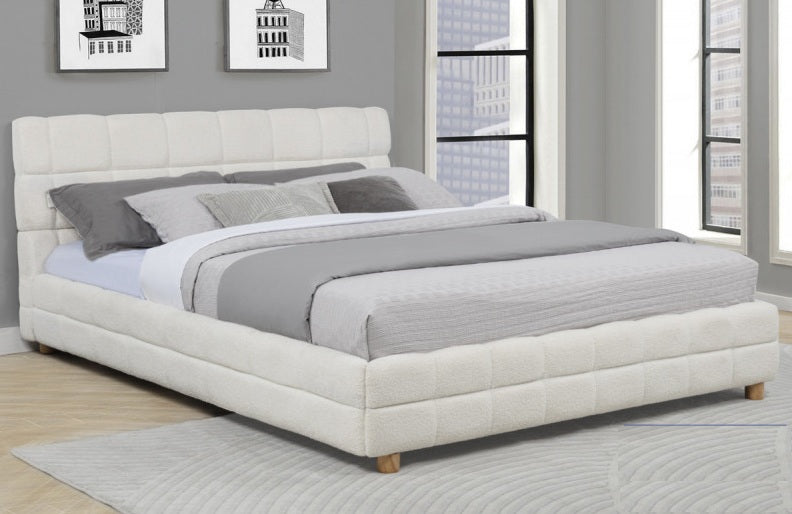 CT03WQ Blenz cream fleece fabric upholstered beige wood legs queen platform bed