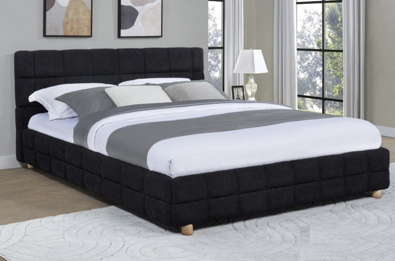 CT03BQ Blenz black fleece fabric upholstered beige wood legs queen platform bed