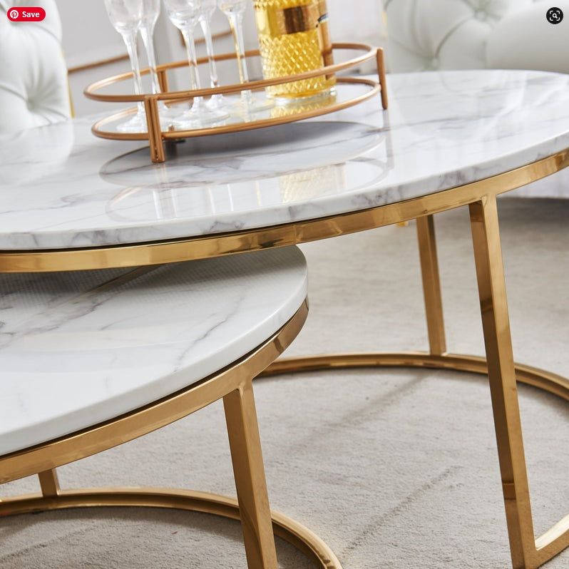 CT1033-GM  2 pc Trisdtan gold mirrored frame white 31.5" round marble top nesting coffee table set