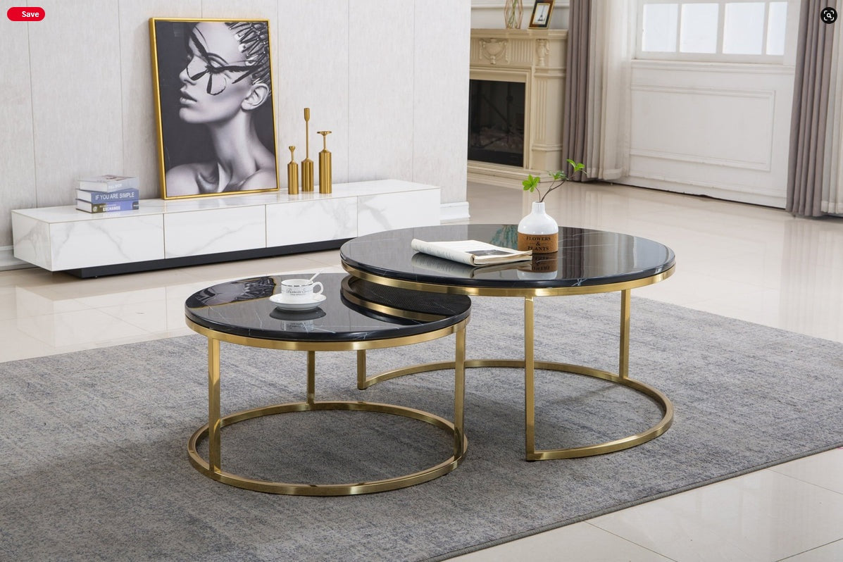 CT1033-GMB  2 pc Trisdtan gold mirrored frame black 31.5" round marble top nesting coffee table set