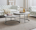 CT1033-SM  2 pc Trisdtan silver stainless frame white 31.5" round marble top nesting coffee table set