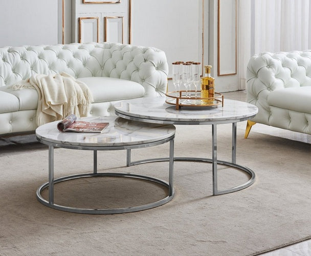 CT1033-SM  2 pc Trisdtan silver stainless frame white 31.5" round marble top nesting coffee table set