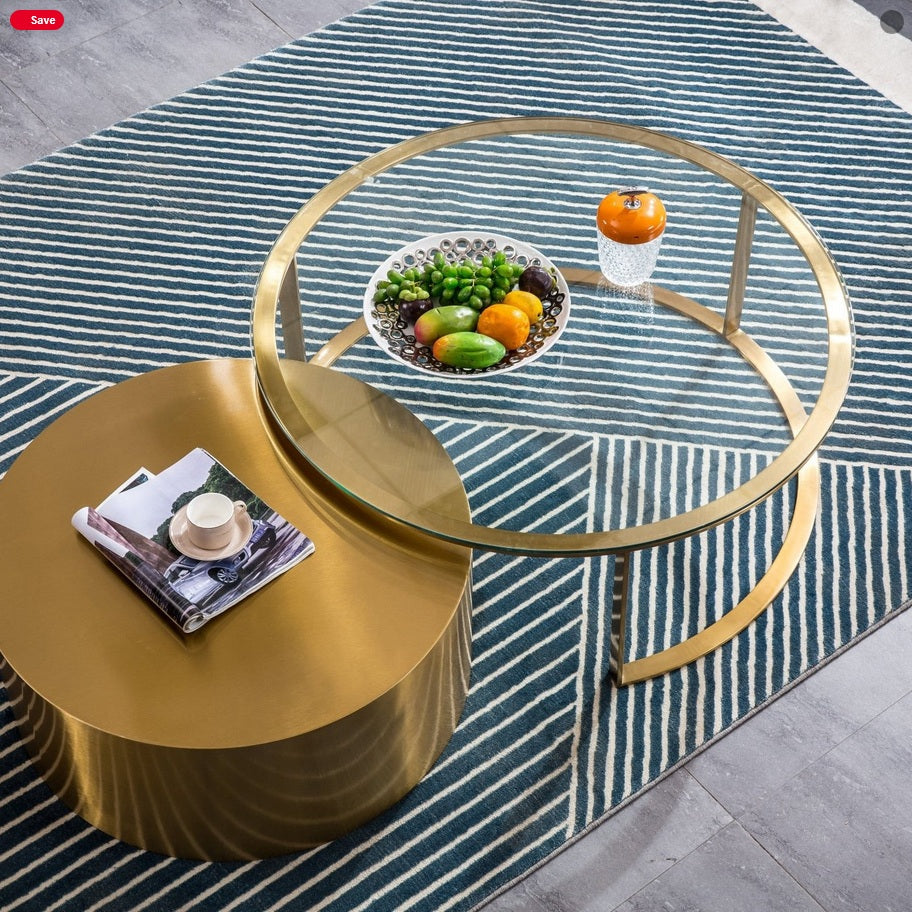 CT1037  2 pc Trandien gold mirrored nesting coffee table set with 41" round glass top