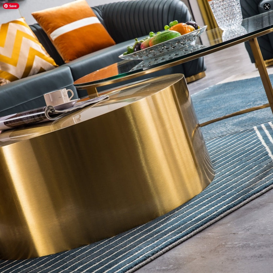 CT1037  2 pc Trandien gold mirrored nesting coffee table set with 41" round glass top