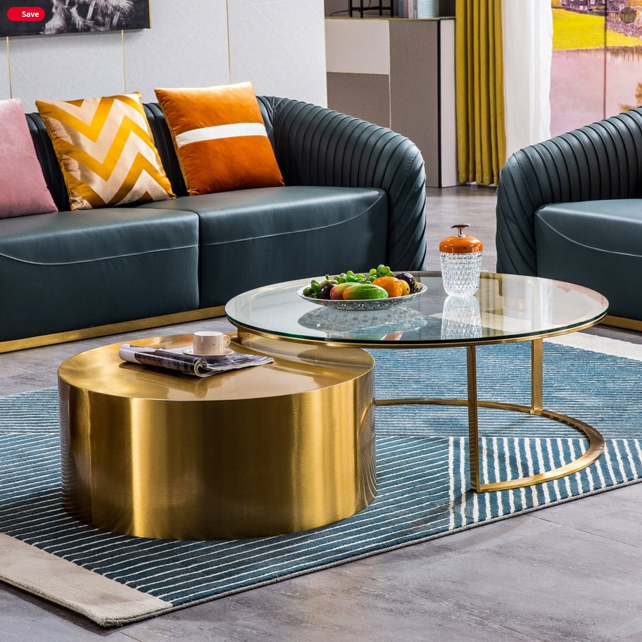 CT1037  2 pc Trandien gold mirrored nesting coffee table set with 41" round glass top