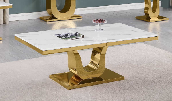 CT320-C Winston gold chrome metal frame U shaped pedestal white marble top coffee table