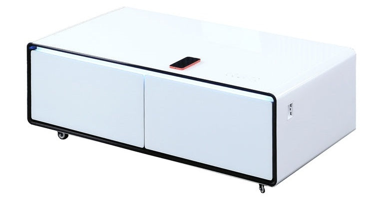 CT5007-ART Brayden studio cullyn white high gloss finish smart coffee table fridge, wireless charging and and sound system