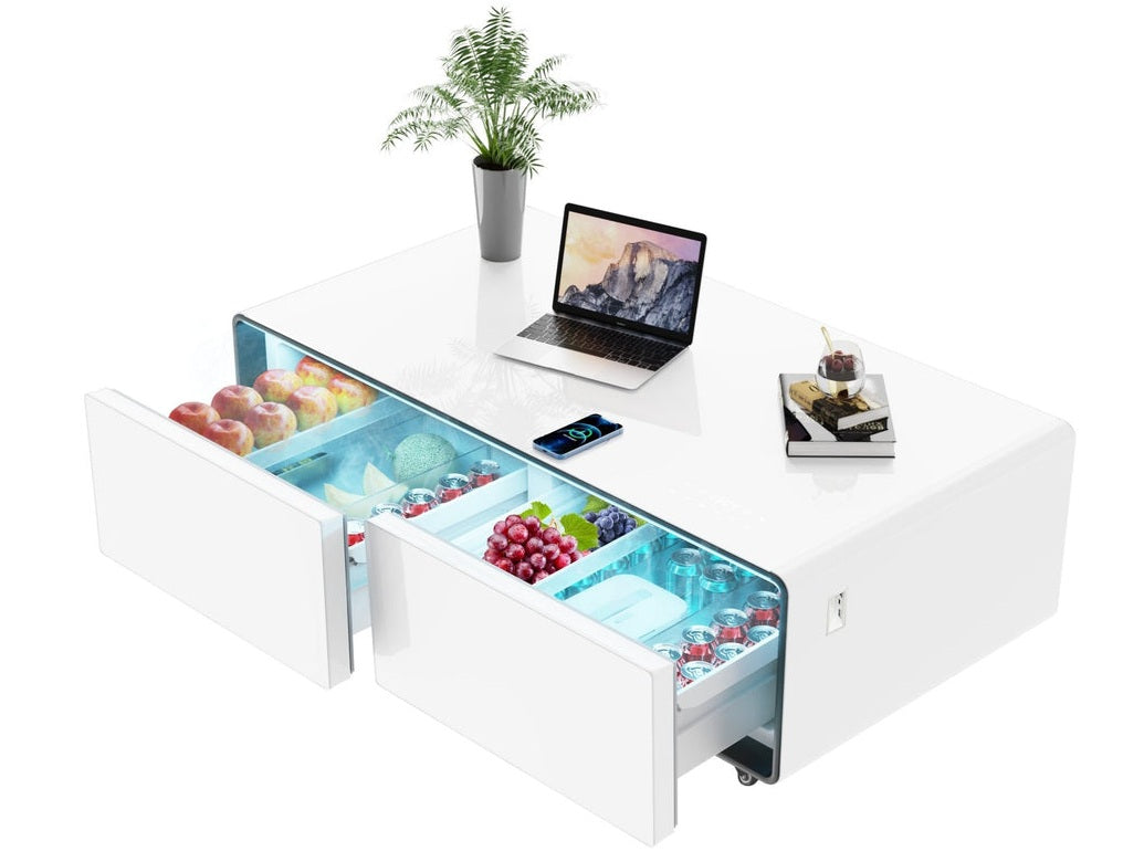 CT5007-ART Brayden studio cullyn white high gloss finish smart coffee table fridge, wireless charging and and sound system