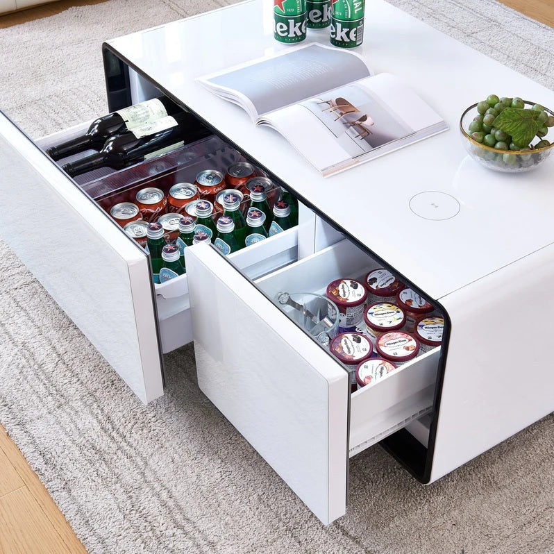 CT5012-ART Brayden studio cullyn white high gloss finish 41" smart coffee table fridge, wireless charging and and sound system