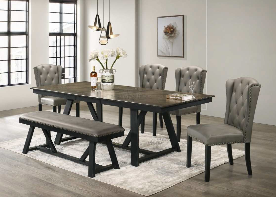 Cabo-6PC 6 pc Cabo earth brown and black finish wood dining table set with leaf and bench