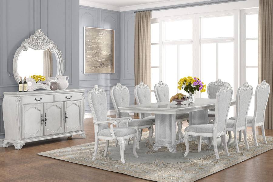 D7723-7PC 7 pc Cambria hills mist grey finish wood trestle base dining table set fabric chairs