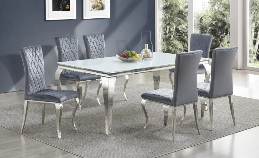 Mc Ferran D1002-7PC 7 pc Astoria grand lundberg white faux marble top with chrome trim base and grey tufted back and diamond pattern fabric chairs