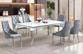 Mc Ferran D1005-7PC 7 pc Astoria grand lundberg white faux marble top with chrome trim base and grey tufted back and diamond pattern fabric chairs