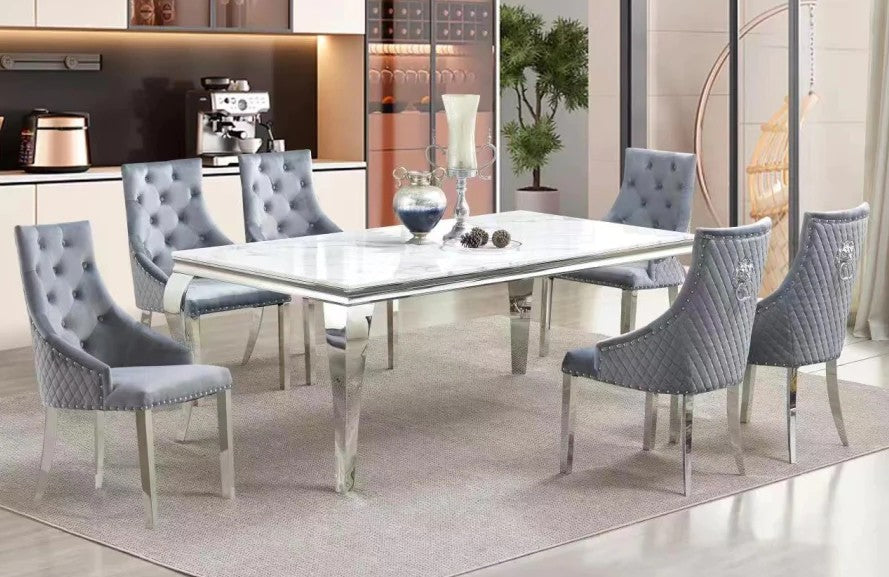 Mc Ferran D1005-7PC 7 pc Astoria grand lundberg white faux marble top with chrome trim base and grey tufted back and diamond pattern fabric chairs