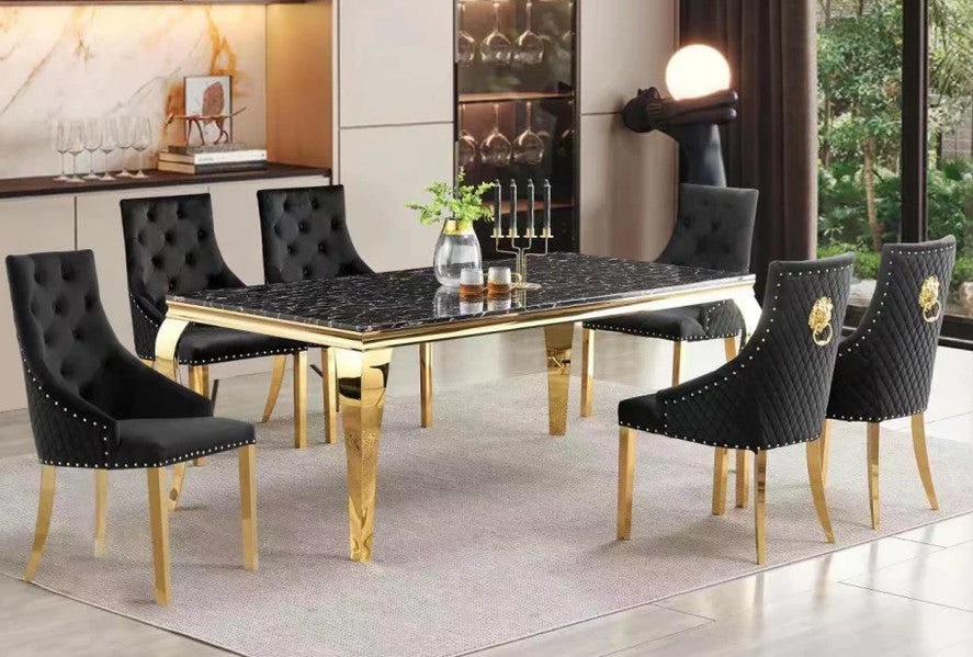 Mc Ferran D1006-7PC 7 pc Astoria grand lundberg black faux marble top with gold trim base and black fabric chairs diamond pattern backs