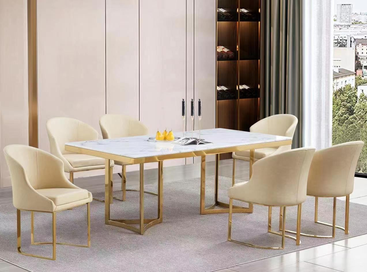 Mc Ferran D1007-7PC 7 pc Astoria grand lundberg white faux marble top with gold trim base and fabric barrel back chairs