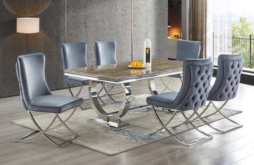 Mc Ferran D1010-7PC 7 pc Astoria grand lundberg brown faux marble top with chrome trim base and grey fabric chairs tufted backs