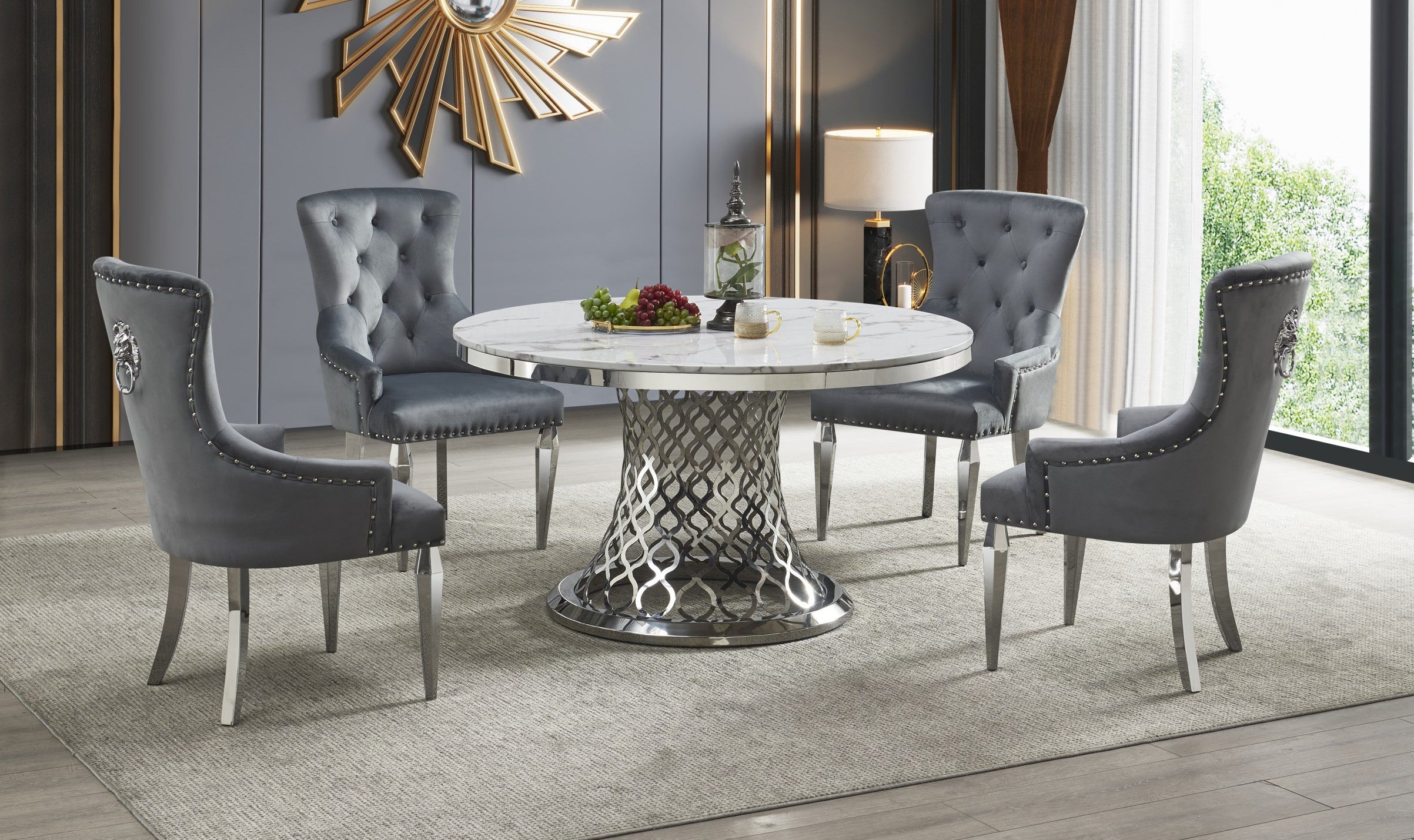 Mc Ferran D1012-03-5PC 5 pc Lundberg 54" round white faux marble top with chrome base dining table set grey fabric chairs tufted backs