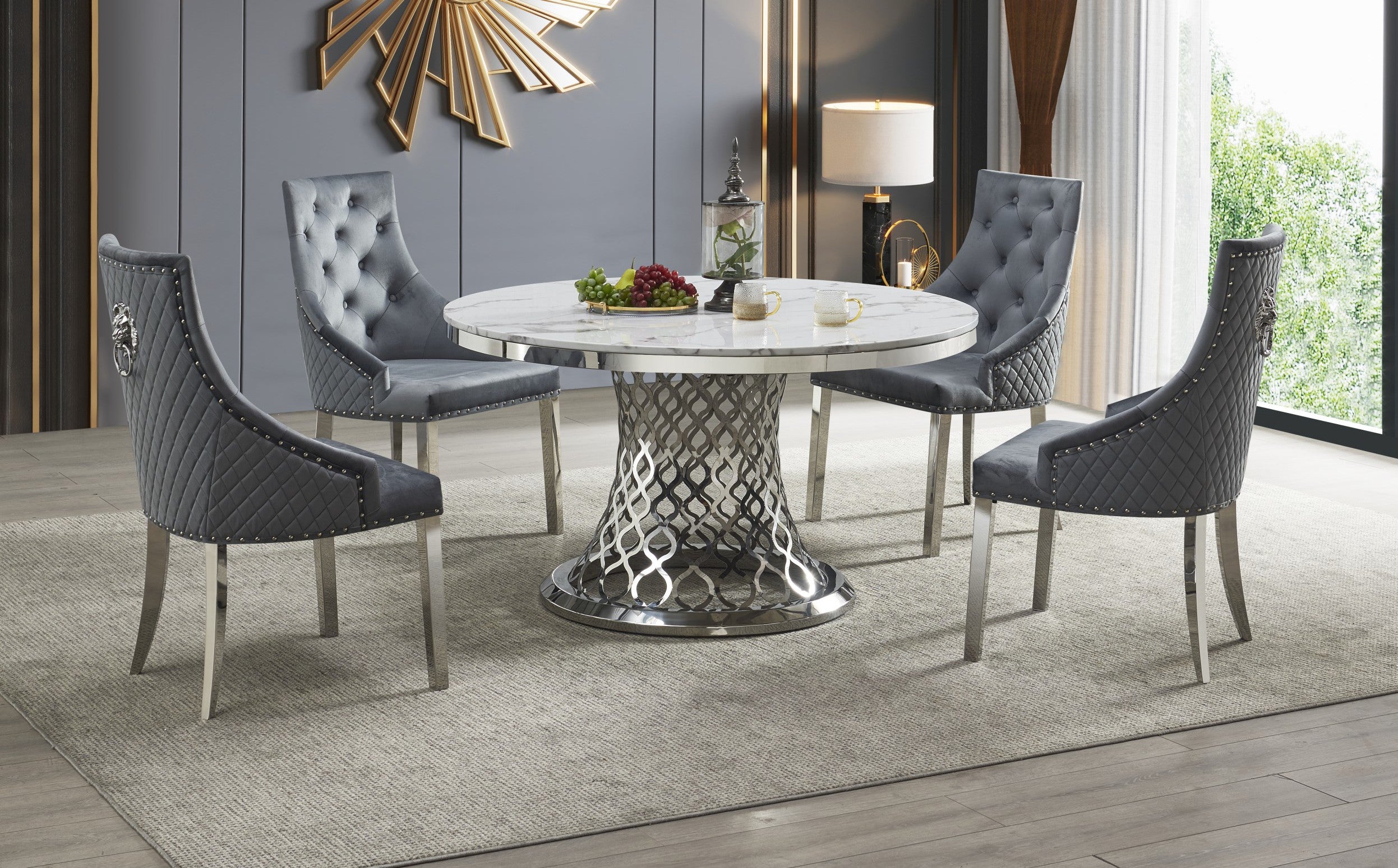Mc Ferran Lundberg 54-Inch Round White Faux Marble Top 5-Piece Dining Table Set with Chrome Base and Grey Fabric Chairs – D1012-05-5PC