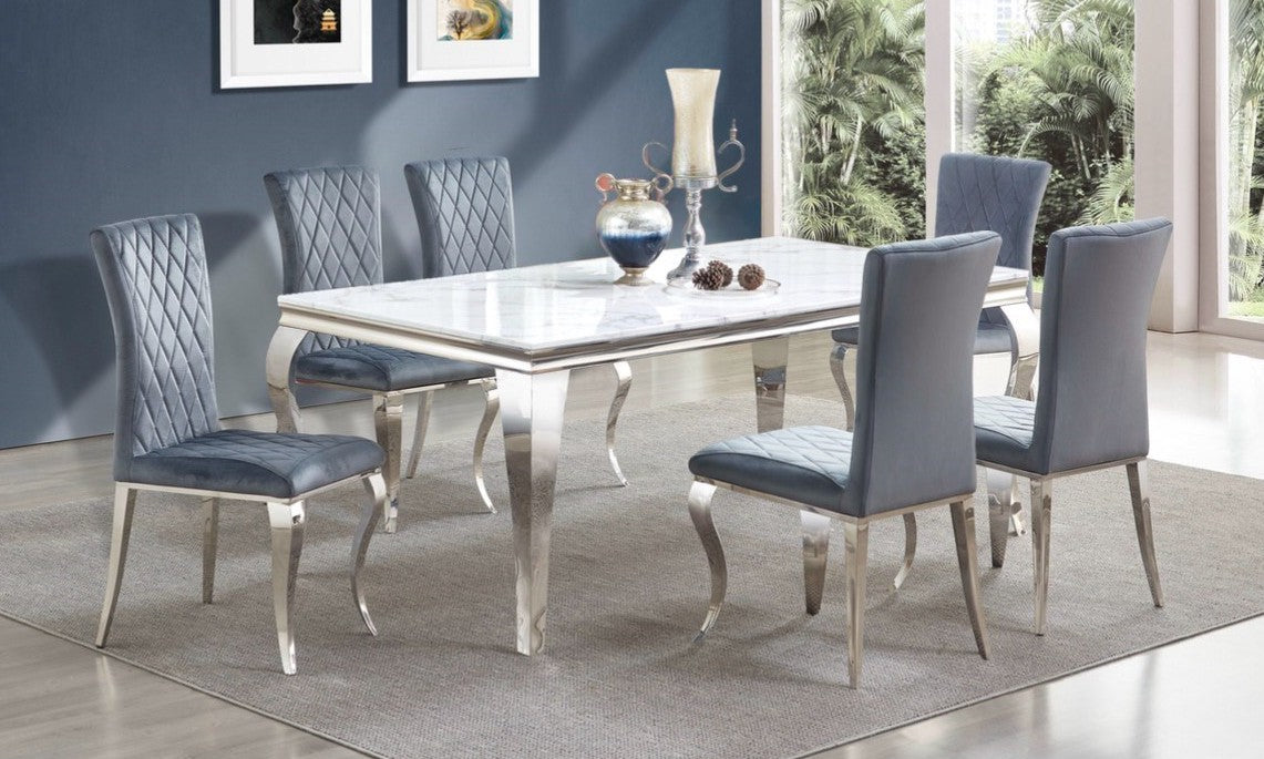 Mc Ferran D1025-7PC 7 pc Lundberg white faux marble top with chrome trim base and grey tufted back and grey fabric chairs
