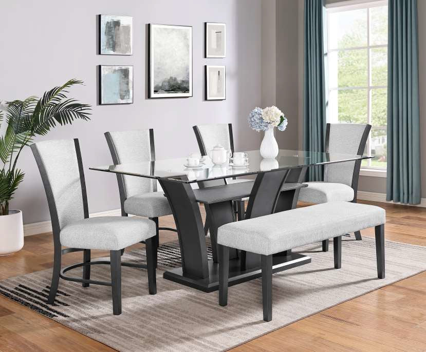 Mc Ferran Courtney Grey Finish Wood Rectangular Clear Glass Top 6-Piece Dining Table Set with Fabric Chairs and Bench – D1218-6PC