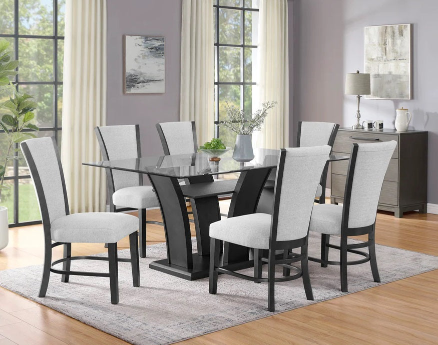 Mc Ferran D1218-7PC 7 pc Courtney grey finish wood rectangular clear glass top dining table set light chairs