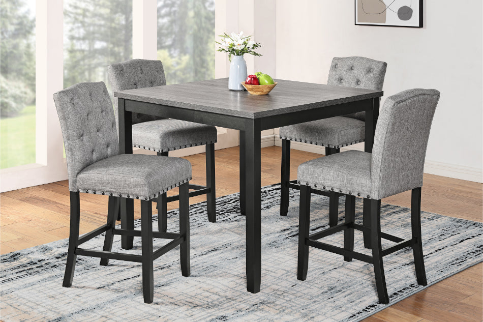 41-1606-52S-GRY-5PC 5 pc Daphne grey finish wood 42" counter height dining table set fabric upholstered tufted back chairs