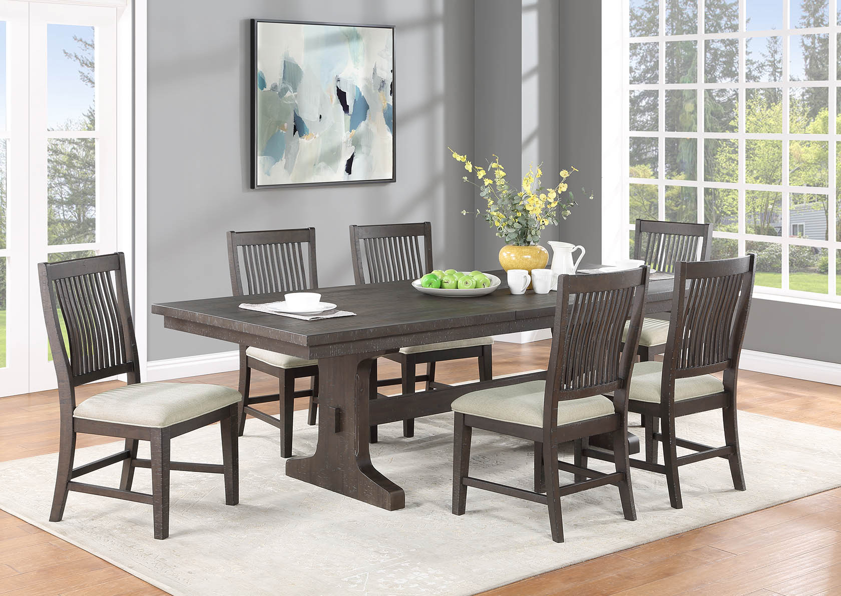 D160D7-SC 7 pc Gracie oaks clarissa rustic brown finish wood dining table with leaf set trestle base