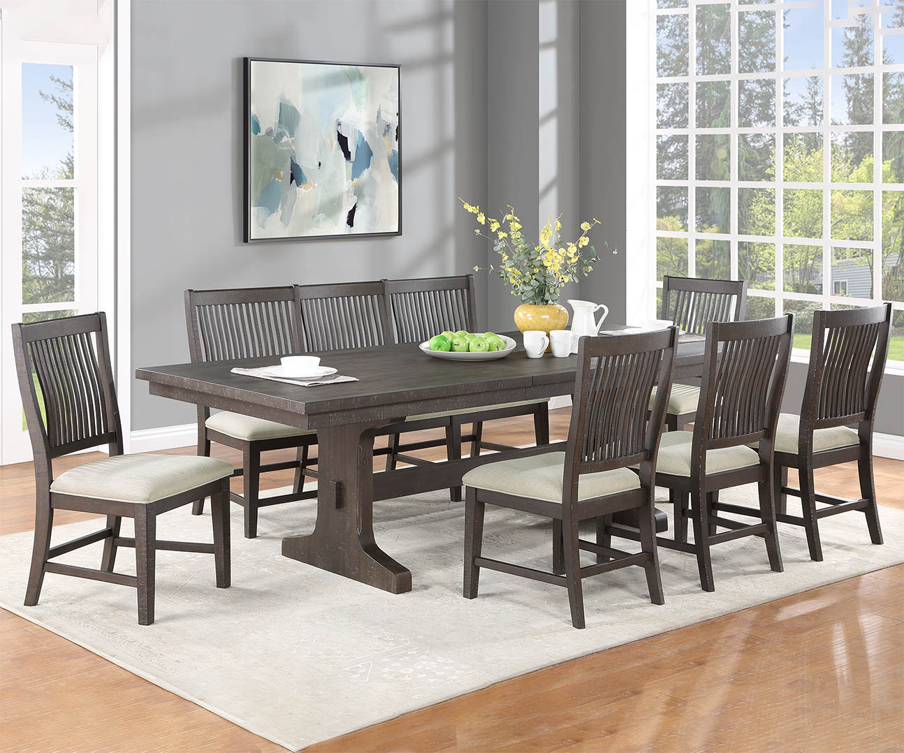 D160D7 7 pc Gracie oaks clarissa rustic brown finish wood dining table with leaf set trestle base and bench
