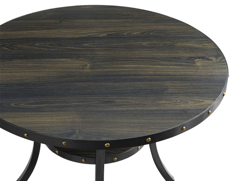 Crispin Smokey Brown Finish Wood 5-Piece 48" Round Industrial Dining Table Set with Fabric Seats & Nailhead Trim – 41-162-DT-SMK-5PC