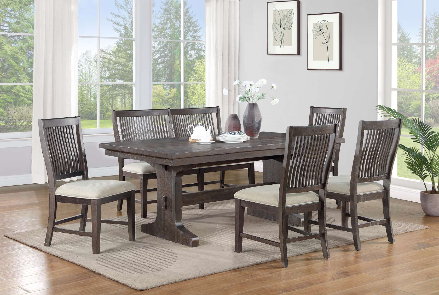 D162D6 6 pc Gracie oaks clarissa rustic brown finish wood dining table set trestle base and bench
