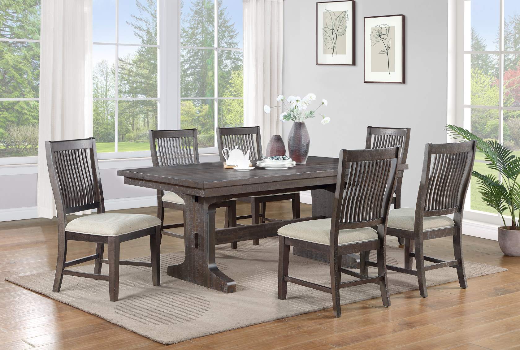D162D7-SC 7 pc Gracie oaks clarissa rustic brown finish wood dining table set trestle base
