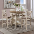 D1719-52BSQ-5PC 5 pc Cori bisque beige and brown oak finish wood 42" round counter height dining table set fabric upholstered seats