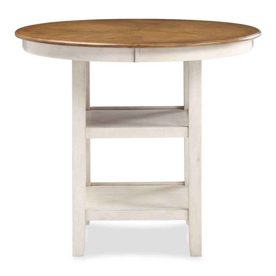 D1719-52BSQ-5PC 5 pc Cori bisque beige and brown oak finish wood 42" round counter height dining table set fabric upholstered seats