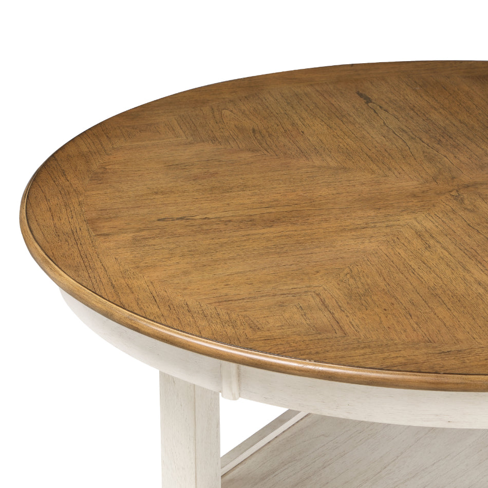 D1719-52BSQ-5PC 5 pc Cori bisque beige and brown oak finish wood 42" round counter height dining table set fabric upholstered seats