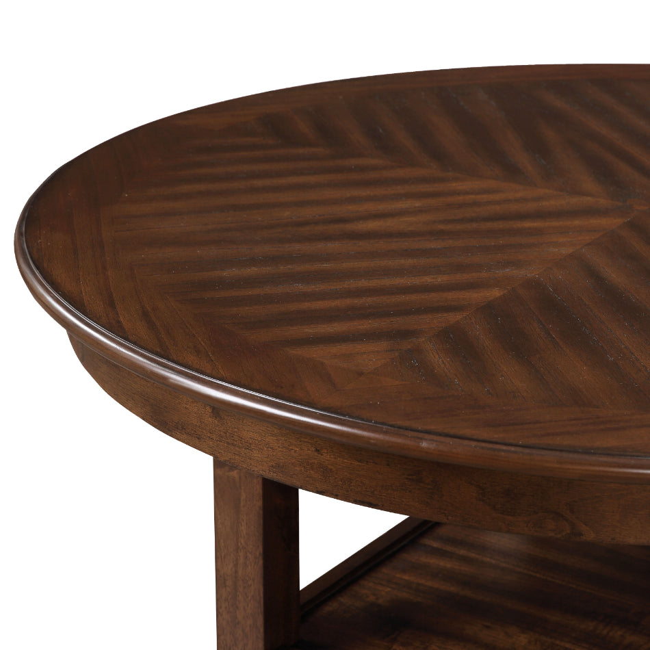 D1719-52CHY-5PC 5 pc Cori cherry brown finish wood 42" round counter height dining table set fabric upholstered seats