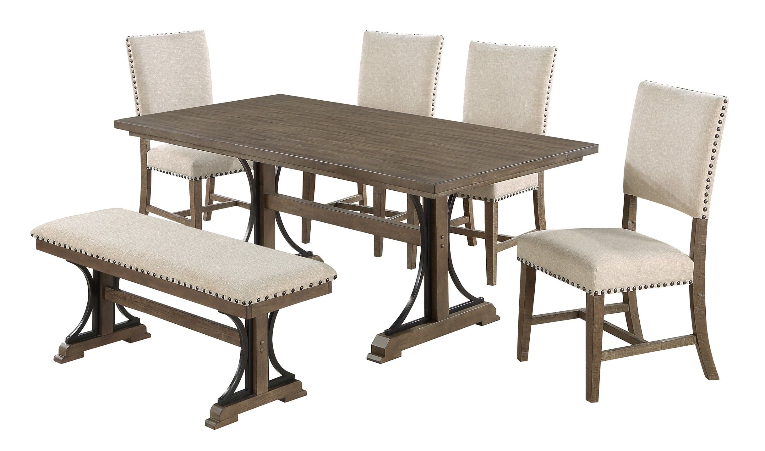 D174-D6 6 pc Gracie oaks clarissa antique brown oak finish wood dining table set with bench