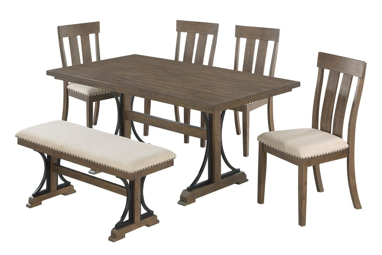 D178-D6 6 pc Gracie oaks clarissa antique brown oak finish wood dining table set with bench