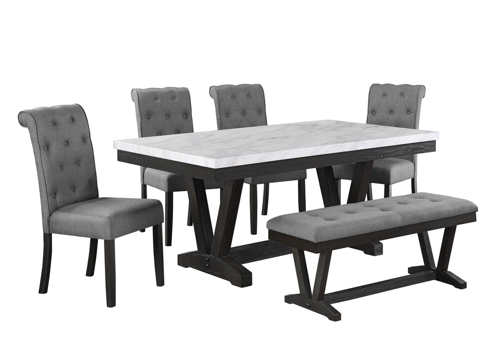 Best Quality D185D6-GY 6 pc Canora grey weathered grey finish wood faux marble top dining table set grey chairs and bench