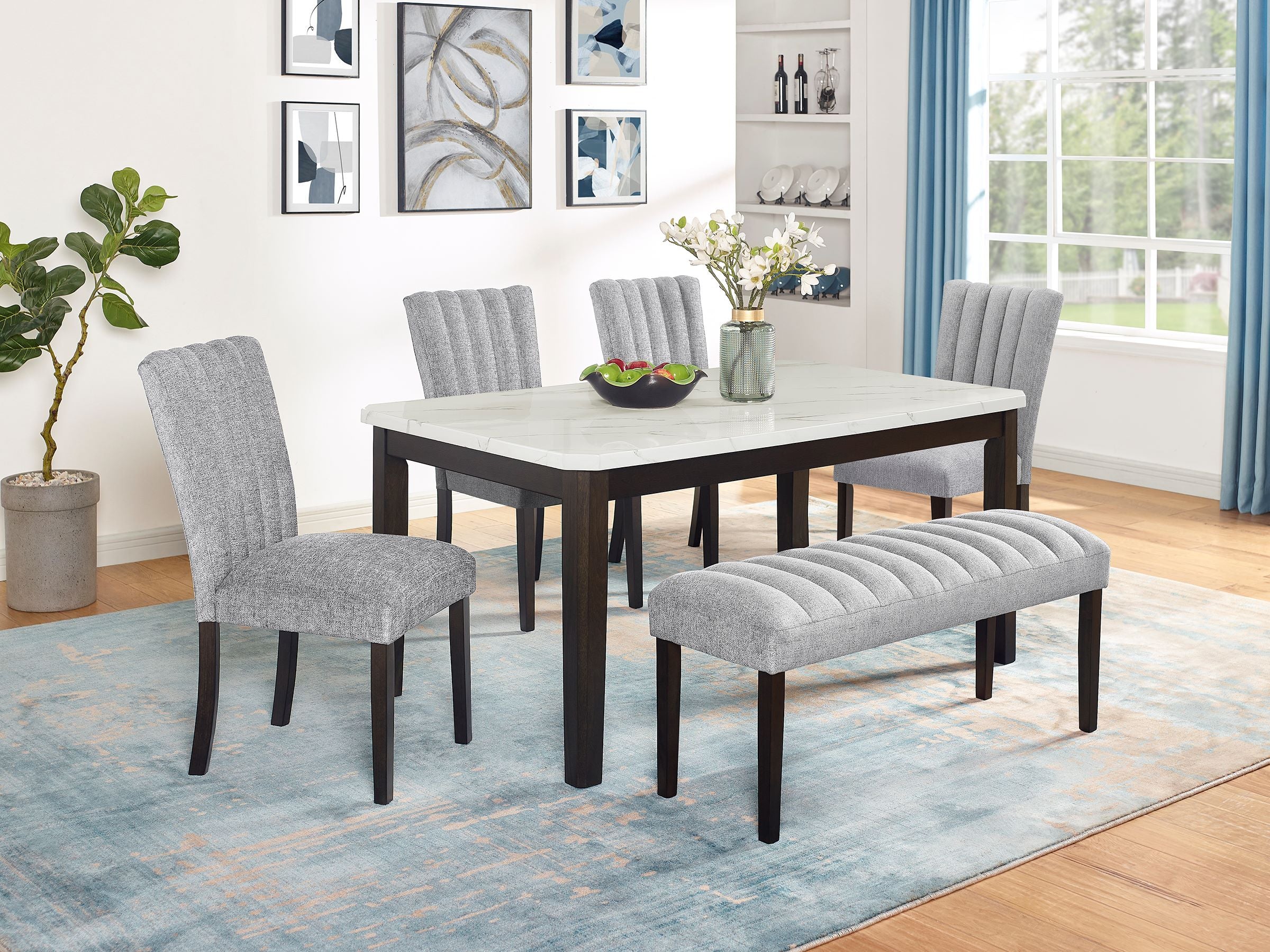 D187D6 6 pc Darby home co espresso finish wood faux marble top dining table set with bench