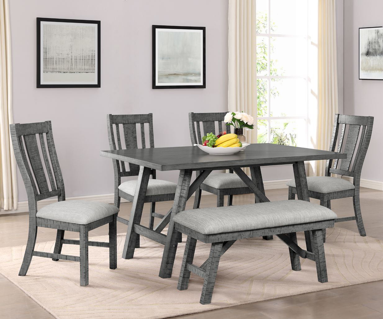 D189D6 6 pc Darby home co weathered rustic grey finish wood dining table set with bench