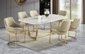 Mc Ferran D2001-7PC 7 pc Lundberg white faux marble top with gold trim base and light brown linen fabric chairs