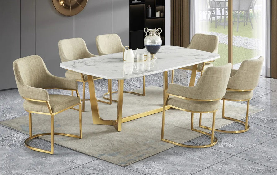 Mc Ferran D2001-7PC 7 pc Lundberg white faux marble top with gold trim base and light brown linen fabric chairs