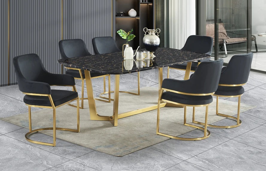 Mc Ferran D2002-7PC 7 pc Lundberg black faux marble top with gold trim base and black fabric chairs