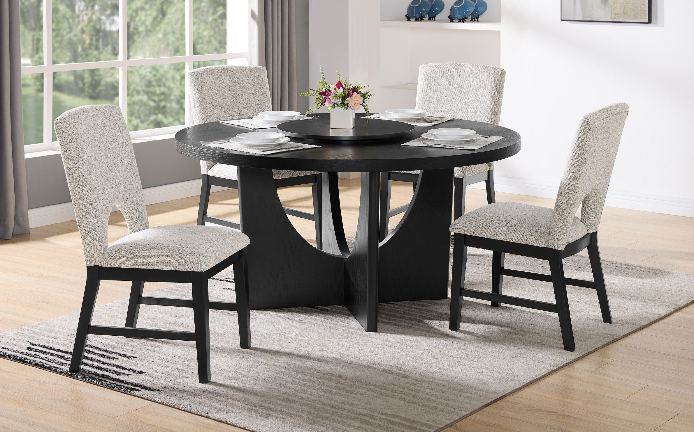 Mc Ferran D2075-5PC 5 pc Dark almost black finish wood 60" round top lazy susan dining table set fabric chairs