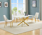 D242-4SC262-5PC 5 pc Mercer 41 Tom white tempered glass top marble look finish top gold frame dining table set